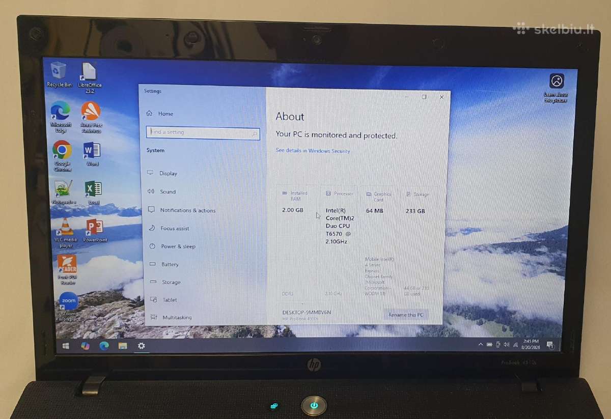 Hp Probook 4510s Intel Core2 Duo T6570 2 GB RAM - nuotraukos Nr. 3