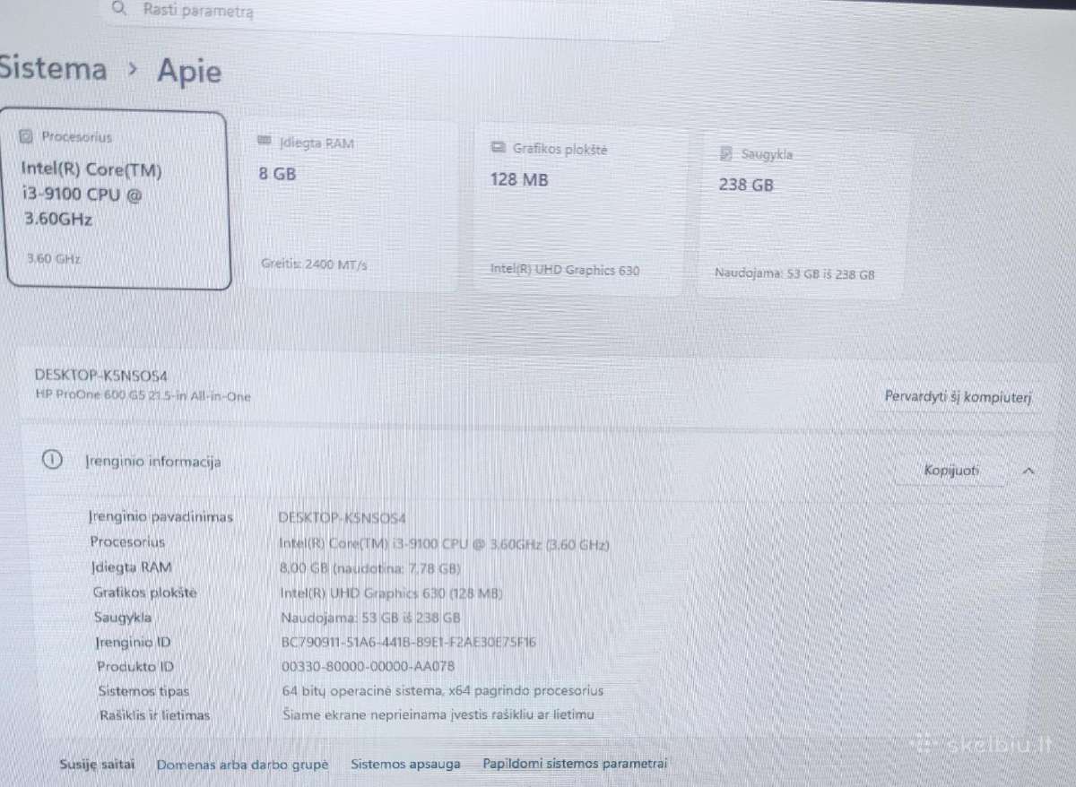 Hp Proone 600 G5 Intel i3-9100 8gb 256gb SSD - nuotraukos Nr. 2