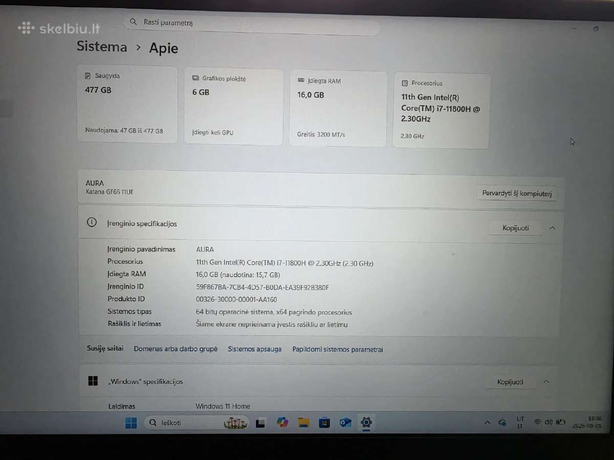 Msi Katana Gf66 Gaming laptopas Rtx 3060 - nuotraukos Nr. 3