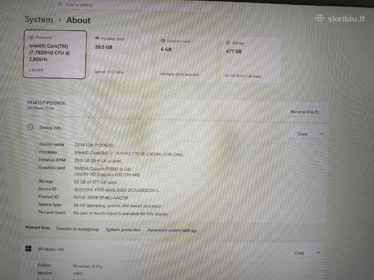 Zbook 17 i7-7820hq 20gb 512gb P3000 6gb 35% - nuotraukos Nr. 5