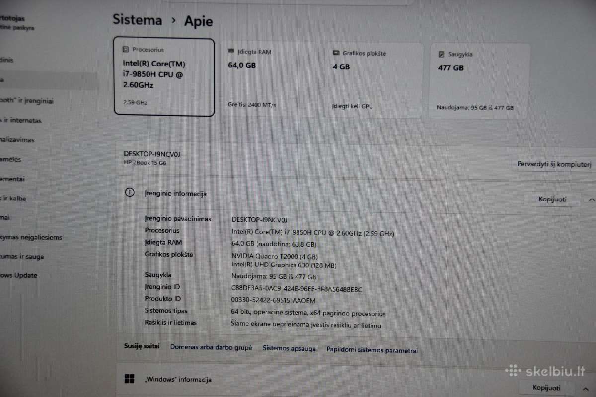 Hp Zbook 15 G5 i7-9850h 64gb 512ssd fhd T2000 - nuotraukos Nr. 10