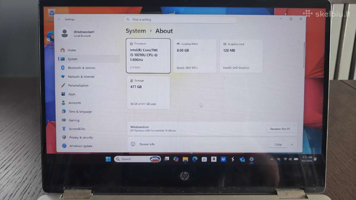 Hp Pavilion x360 14-dh1153ng i5-10210u/8gb/512 SSD - nuotraukos Nr. 6