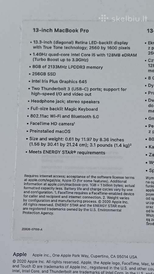 MacBook Pro 13, 2020, 8gb, 256gb SSD, pilnas kompl - nuotraukos Nr. 2