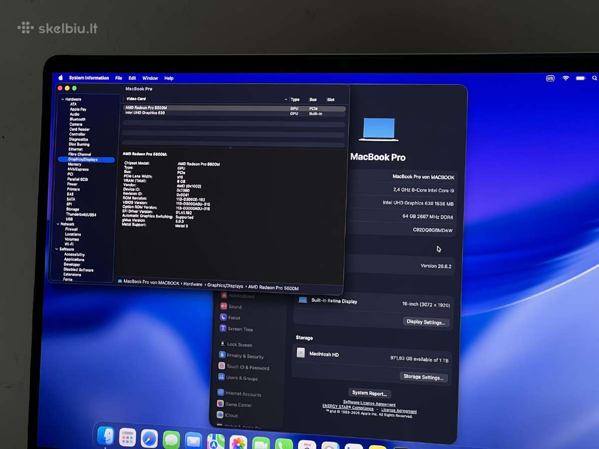 Parduodamas MacBook Pro 16 su I9, 5600m, 64gb/1tb. - nuotraukos Nr. 9
