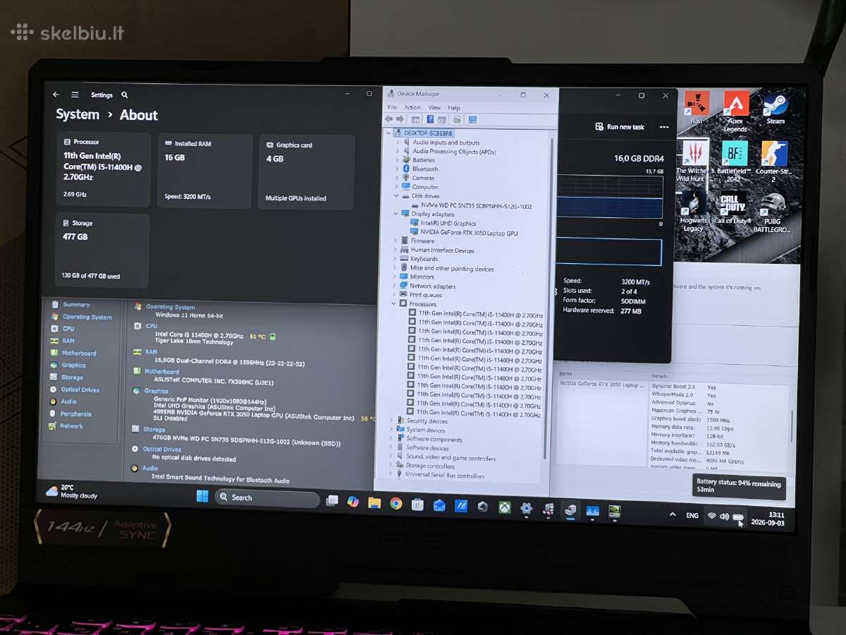 Parduodamas Asus Tuf su Rtx 3050, I5-11k, 144hz. - nuotraukos Nr. 8