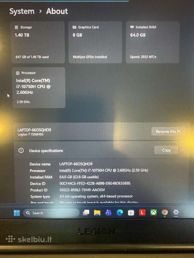 Lenovo Legion 7 (i7/64gb/rtx2070/1tb+500gb) - nuotraukos Nr. 7