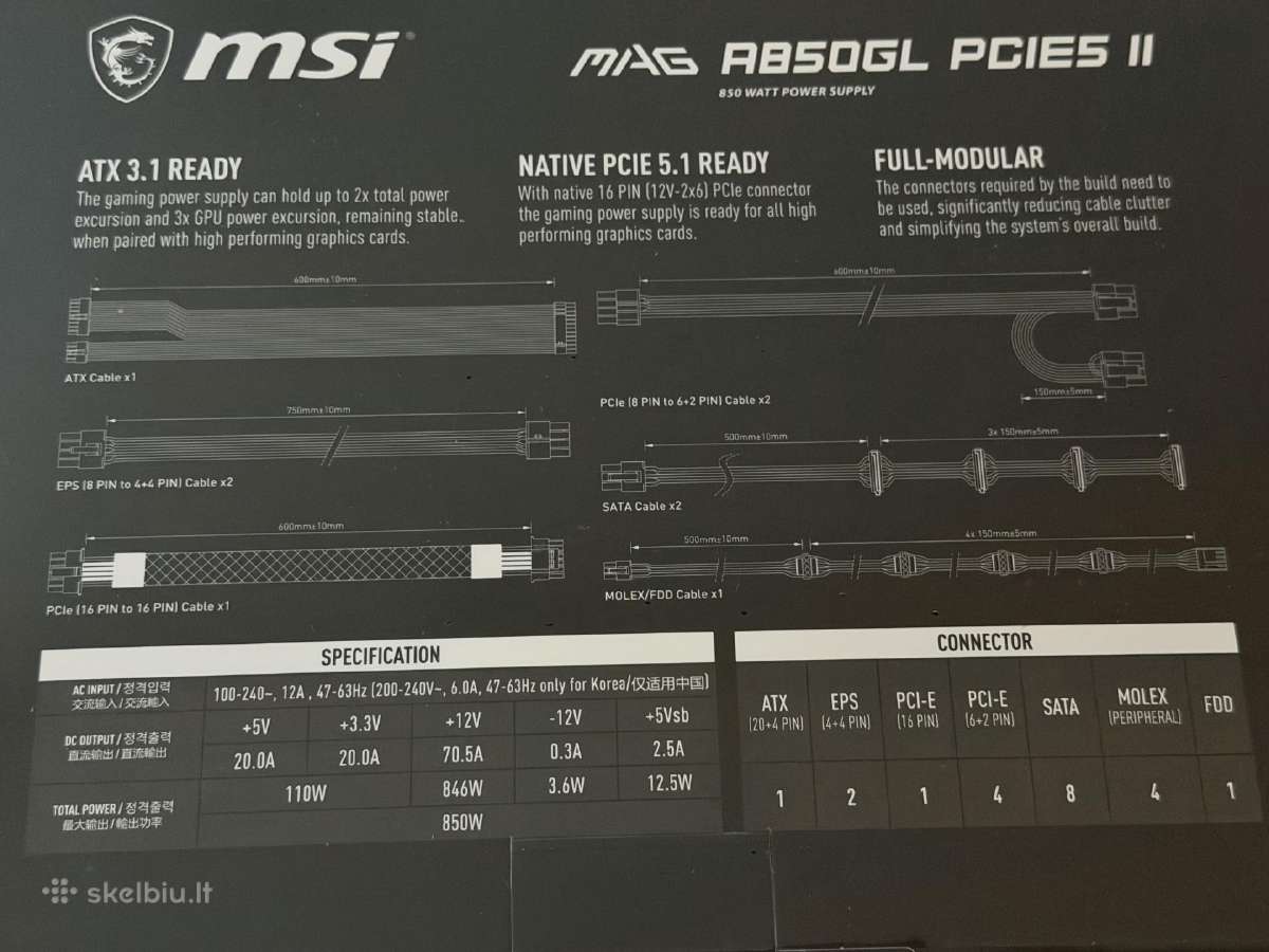 Naujas maitinimo saltinis Msi 850w Gold - nuotraukos Nr. 2