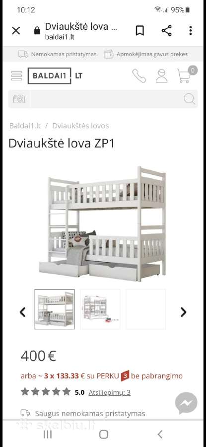 Dviaukštė lova arba 2 lovytės 160cm*80cm - nuotraukos Nr. 3
