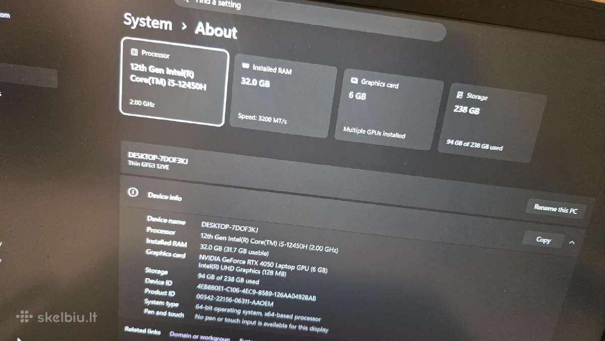 Gaming Msi Thin Gf 63 12ve 32gb Rtx4050 - nuotraukos Nr. 2