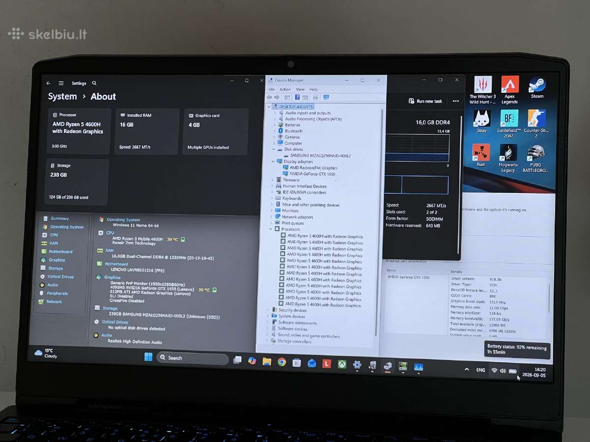 Parduodamas Ideapad Gaming su Gtx 1650, Ryzen 5. - nuotraukos Nr. 8