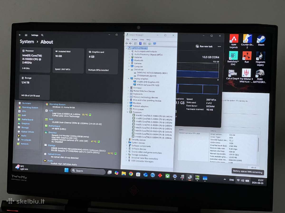 Parduodamas Hp Omen su Gtx 1650, I5-9k, 144hz. - nuotraukos Nr. 8