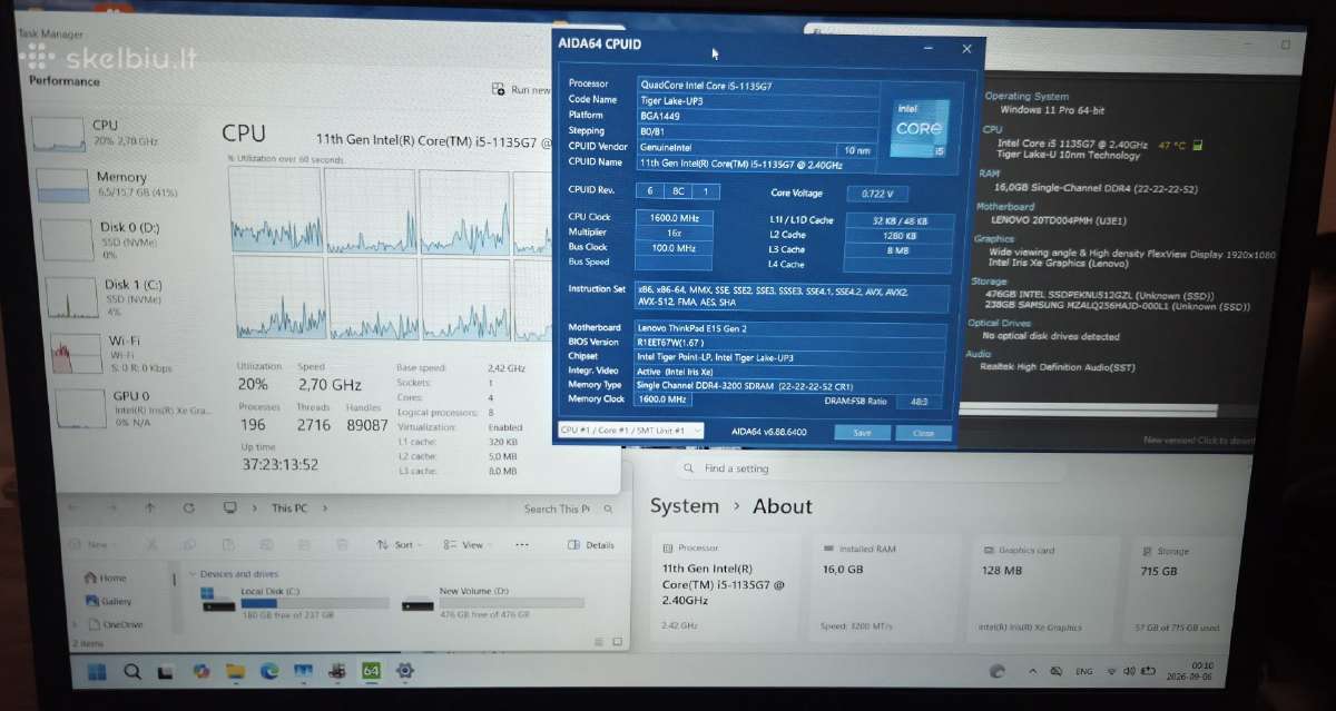 Lenovo E15 Gen2 i5-1135g7 16gb 256gb+500gb - nuotraukos Nr. 2