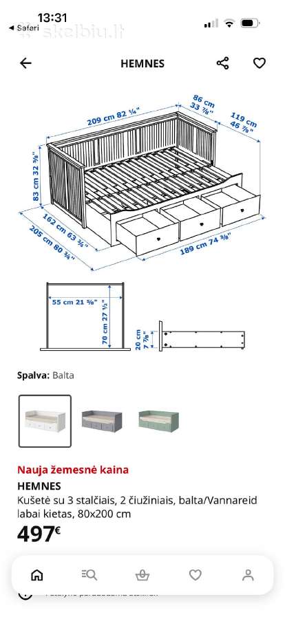 Hemnes Kušetė su 3 stalčiais, 2čiužiniais - nuotraukos Nr. 3