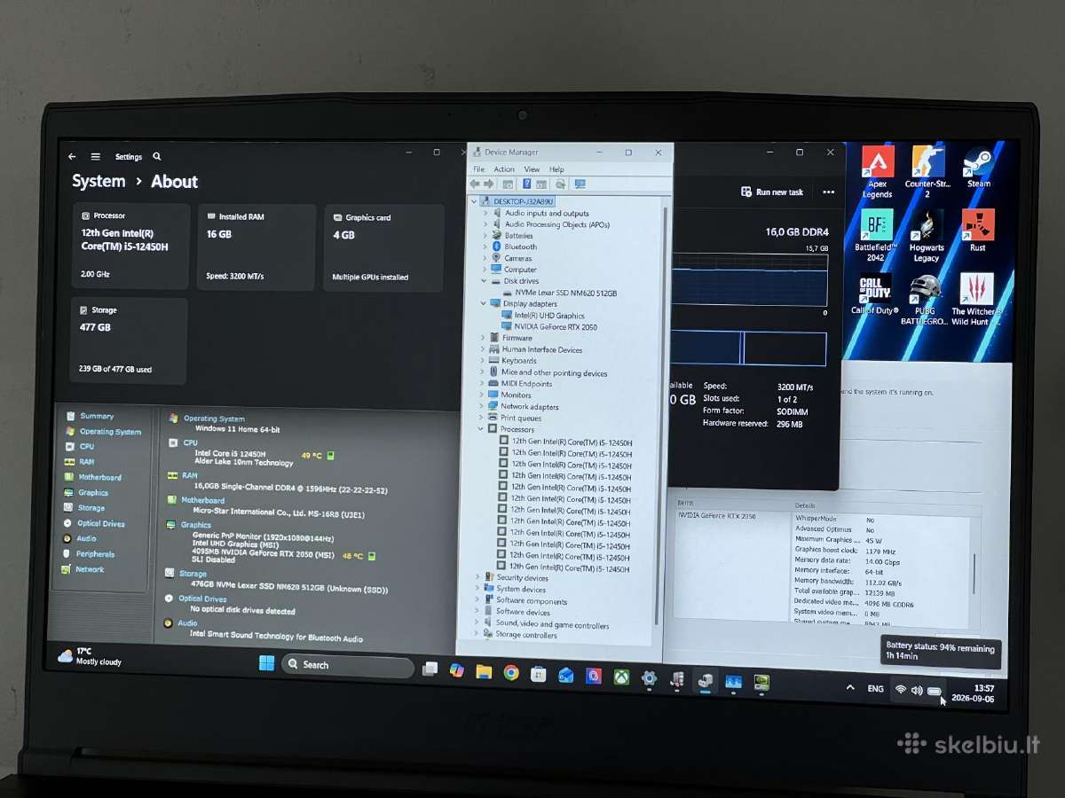 Parduodamas Msi Thin su Rtx 2050, I5-12k, 144hz. - nuotraukos Nr. 8