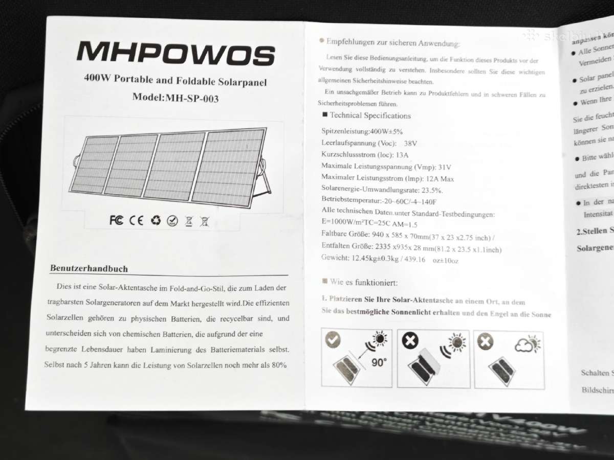 Nešiojama 400w saulės baterija Mhpowos 31v - nuotraukos Nr. 5