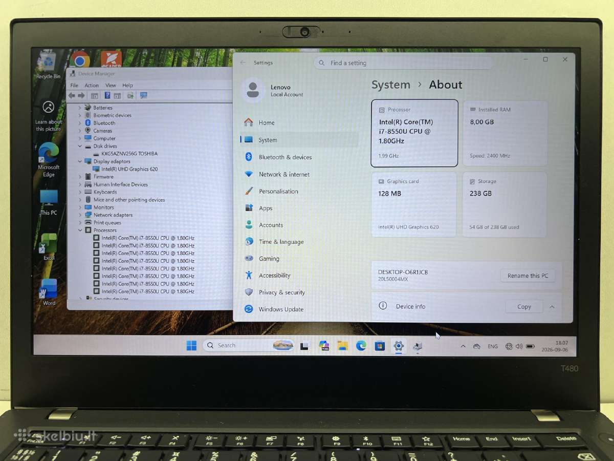 Lenovo thinkpad T480 i7/8gb/256ssd - nuotraukos Nr. 2
