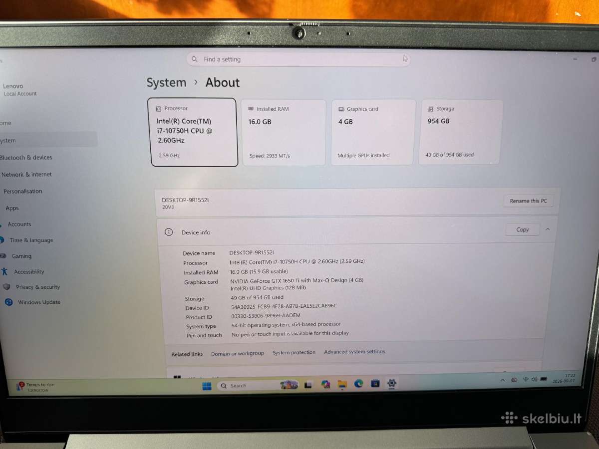 Lenovo i7-10750h/16gb RAM/gtx 1650ti/1tb SSD - nuotraukos Nr. 5
