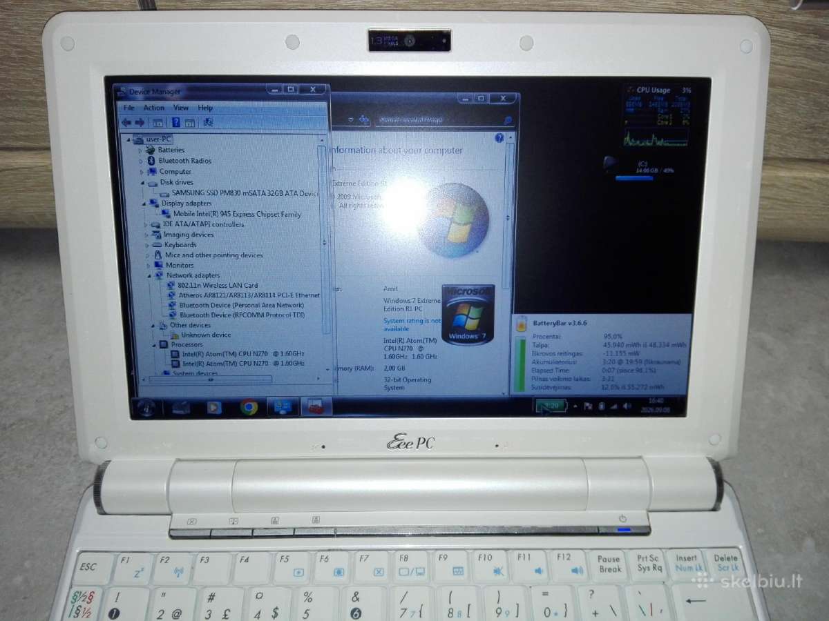 Asus ee 1000h mini laptop 2,5h SSD 12v - nuotraukos Nr. 2