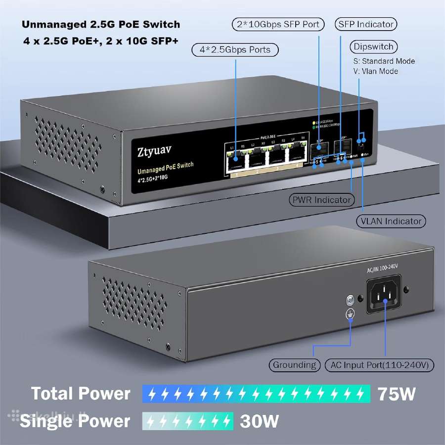 4x2.5 gbit/s Poe+ switch komutatorius - nuotraukos Nr. 5