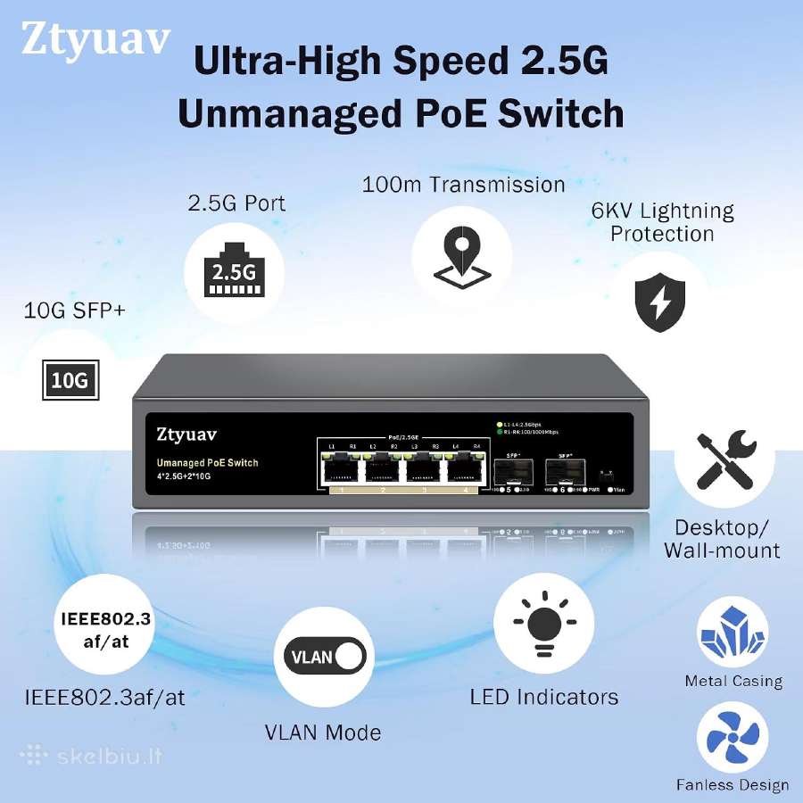 4x2.5 gbit/s Poe+ switch komutatorius - nuotraukos Nr. 6