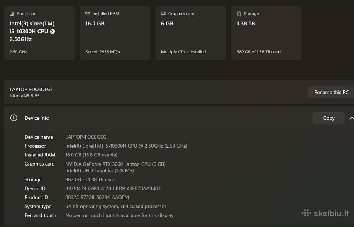 Acer Nitro 5 Rtx 3060 16gb RAM 1,5tb SSD - nuotraukos Nr. 3