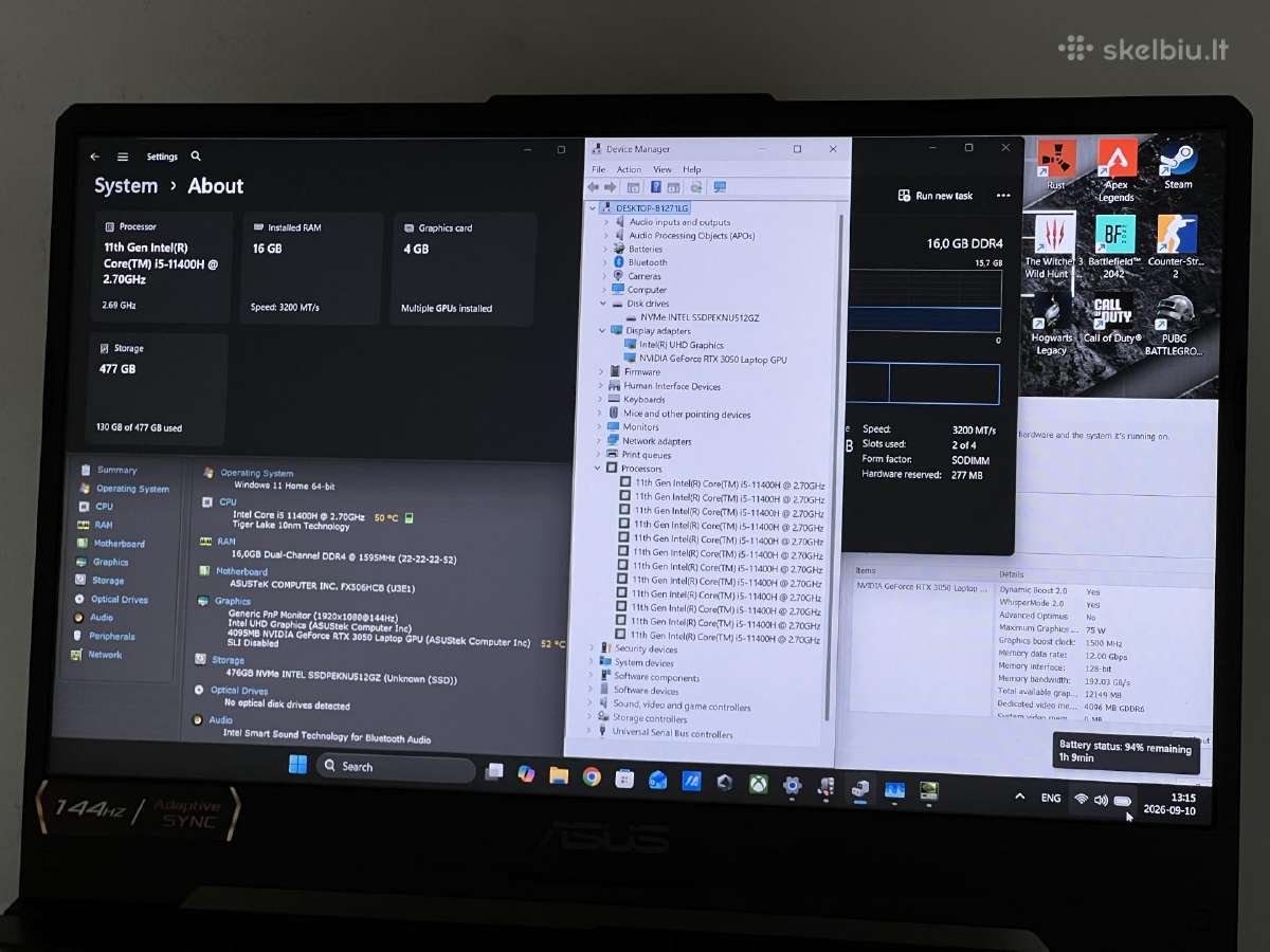 Parduodamas Asus Tuf su Rtx 3050, I5-11k, 144hz. - nuotraukos Nr. 8