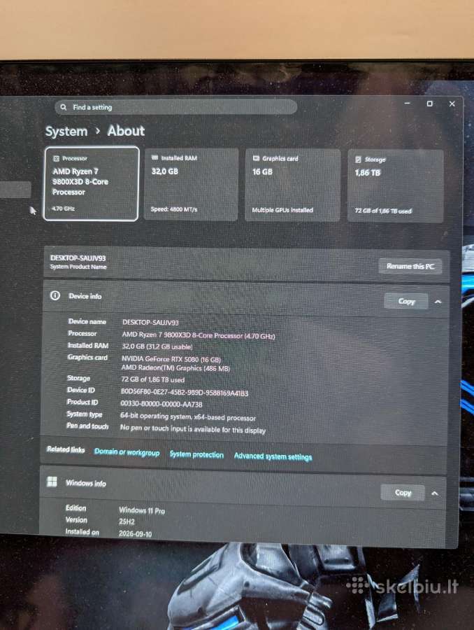 Pc 9800x3d, Rtx 5080, 32gb RAM Ddr5, 2tb Nvme gen5 - nuotraukos Nr. 9