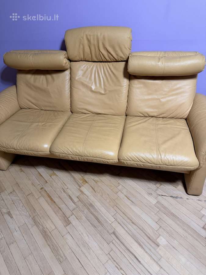Trivietė šviesių garstyčių odinė sofa - nuotraukos Nr. 3
