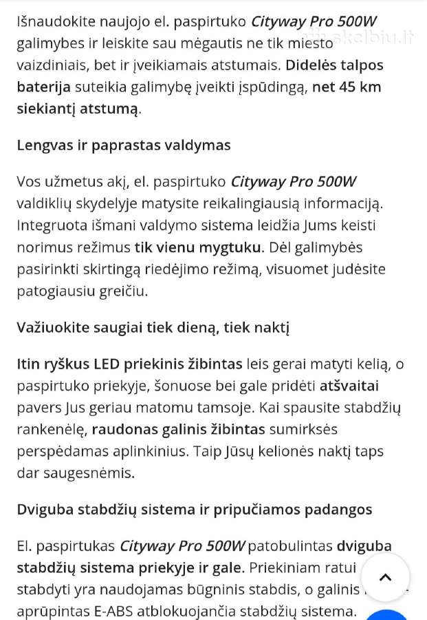 Elektrinis, Cityway Pro, 500w, 36v, 13a/v baterija - nuotraukos Nr. 4