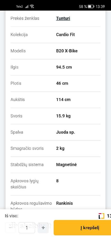Dviratinis treniruoklis Tunturi Cardio - nuotraukos Nr. 5