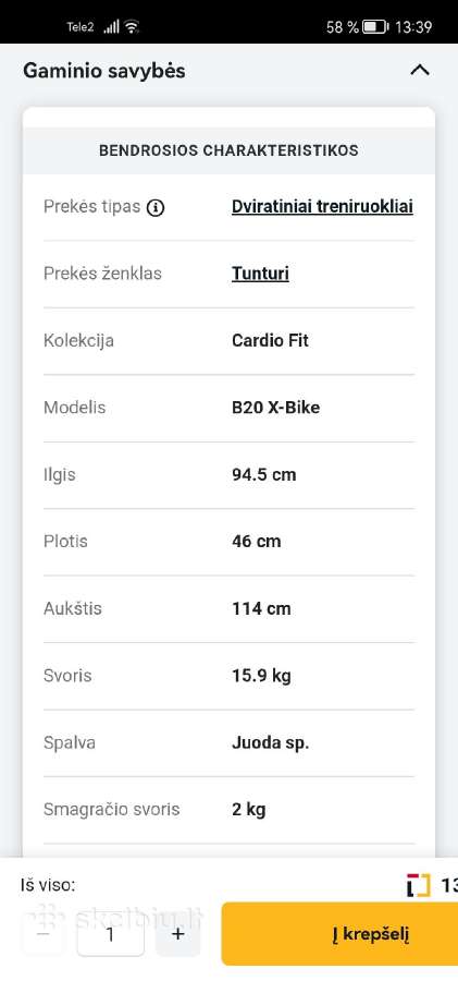 Dviratinis treniruoklis Tunturi Cardio - nuotraukos Nr. 6