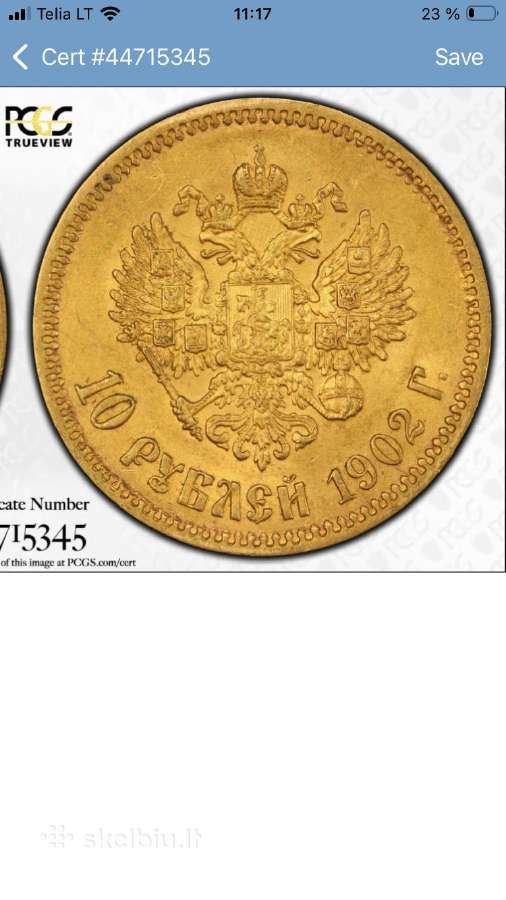 Sertifikuota auksinę monetą 10 Rublių 1902m. - nuotraukos Nr. 2