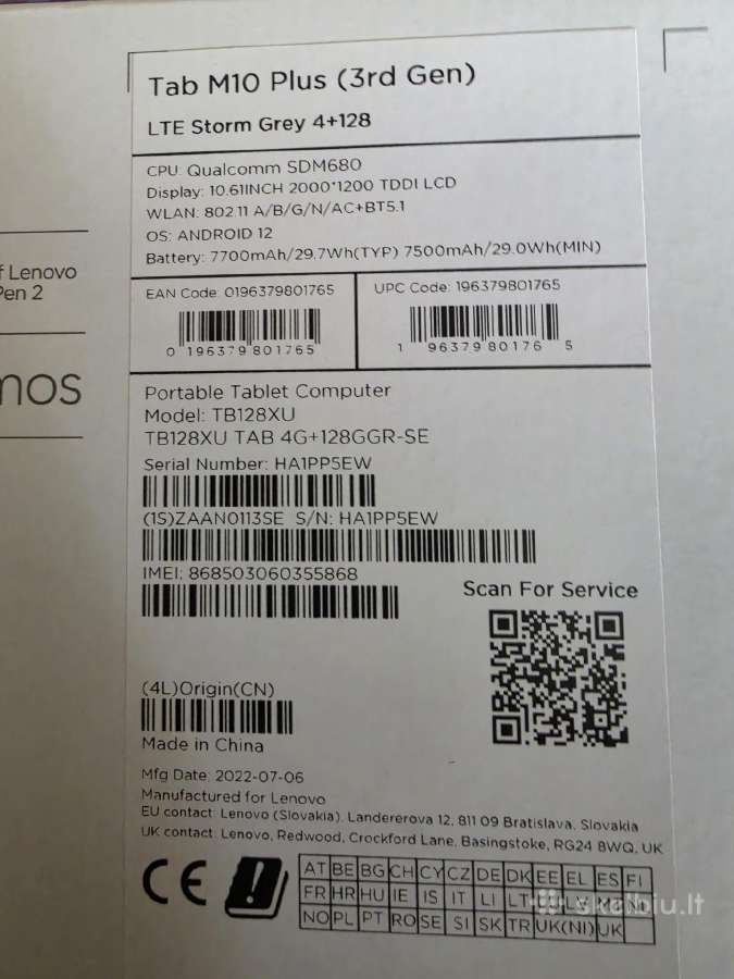 Lenovo Tab M 10 Gen 3 Lte 128gb - nuotraukos Nr. 3