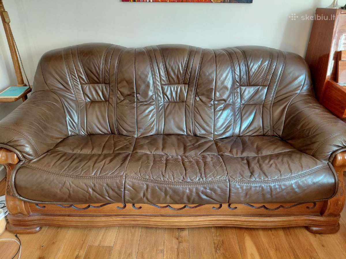 Ažuolo masyvo odinė trivietė sofa ir fotelis - nuotraukos Nr. 2