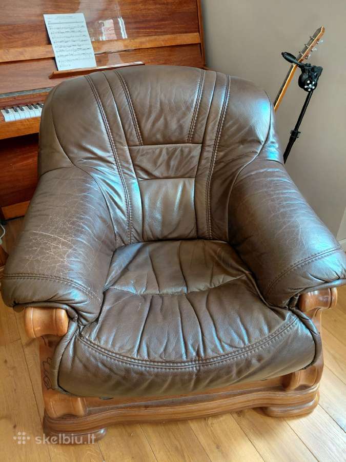 Ažuolo masyvo odinė trivietė sofa ir fotelis - nuotraukos Nr. 6