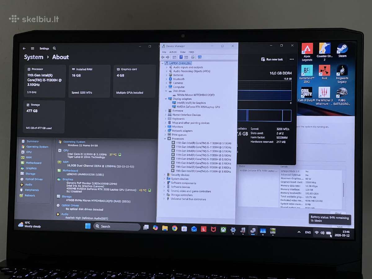 Parduodamas Ideapad Gaming su Rtx 3050, I5, 120hz. - nuotraukos Nr. 8