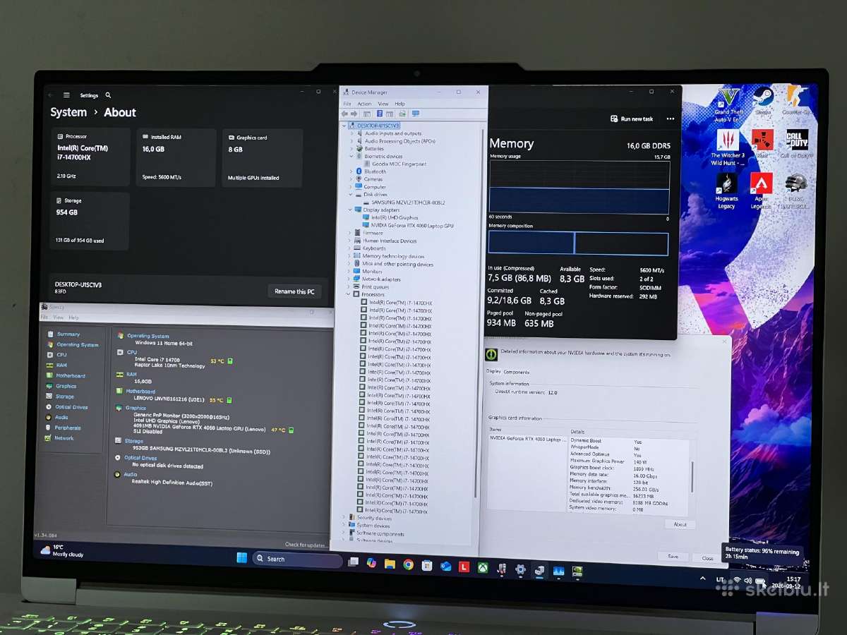 Parduodamas Legion 7 su Rtx 4060, I7-14k, 4k 165hz - nuotraukos Nr. 8