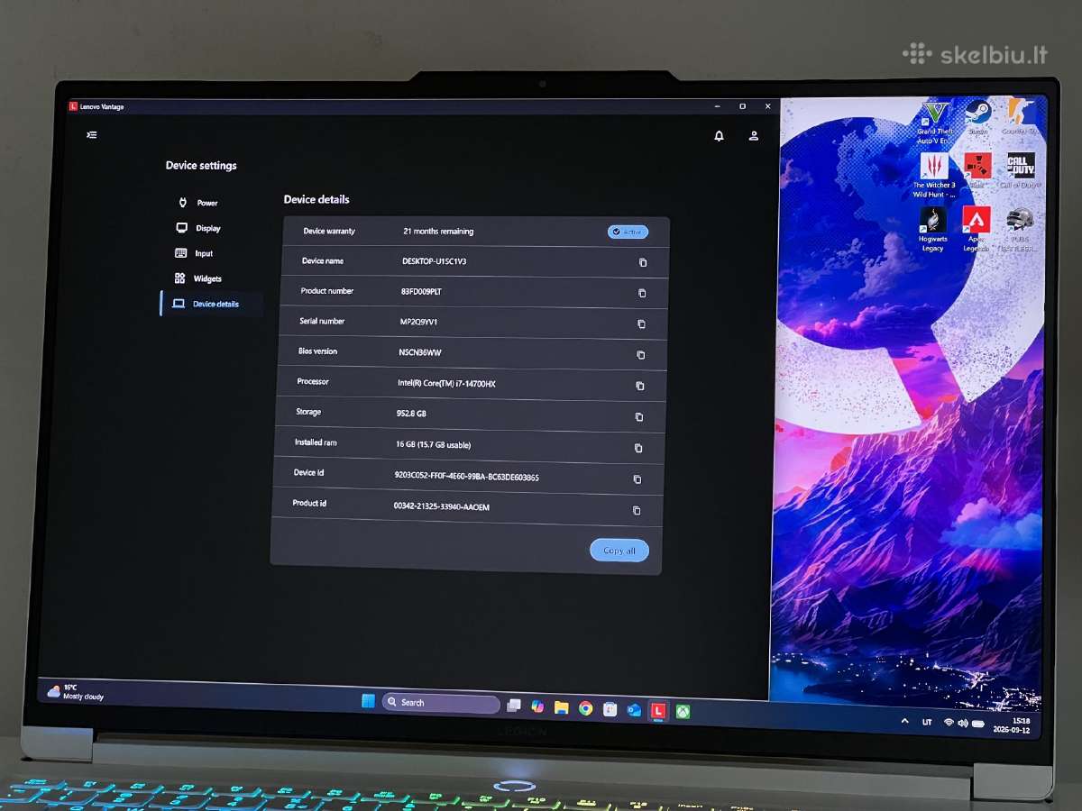 Parduodamas Legion 7 su Rtx 4060, I7-14k, 4k 165hz - nuotraukos Nr. 9