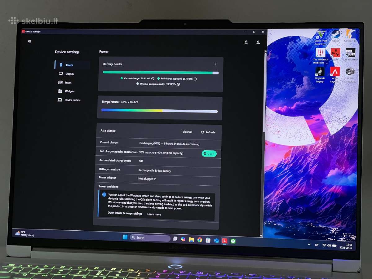 Parduodamas Legion 7 su Rtx 4060, I7-14k, 4k 165hz - nuotraukos Nr. 10