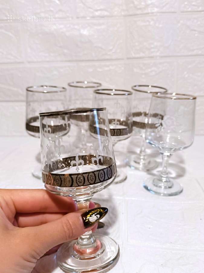 6 Vintage Taures Fleur-de-lis Glasses Silver Trim - nuotraukos Nr. 2