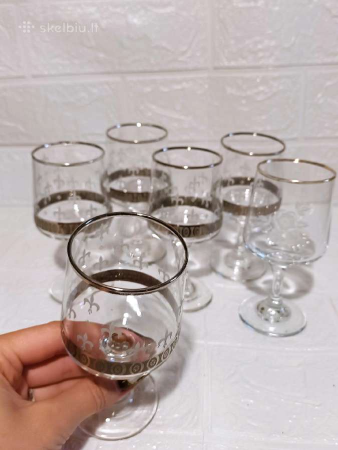 6 Vintage Taures Fleur-de-lis Glasses Silver Trim - nuotraukos Nr. 3