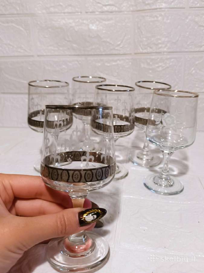 6 Vintage Taures Fleur-de-lis Glasses Silver Trim - nuotraukos Nr. 4