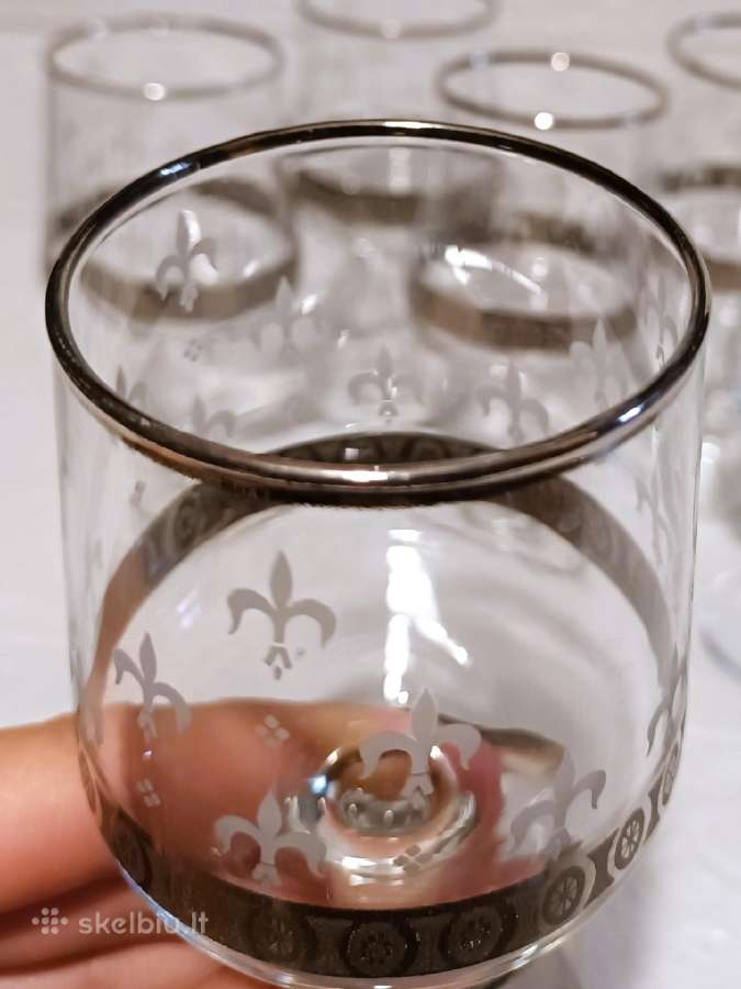 6 Vintage Taures Fleur-de-lis Glasses Silver Trim - nuotraukos Nr. 5