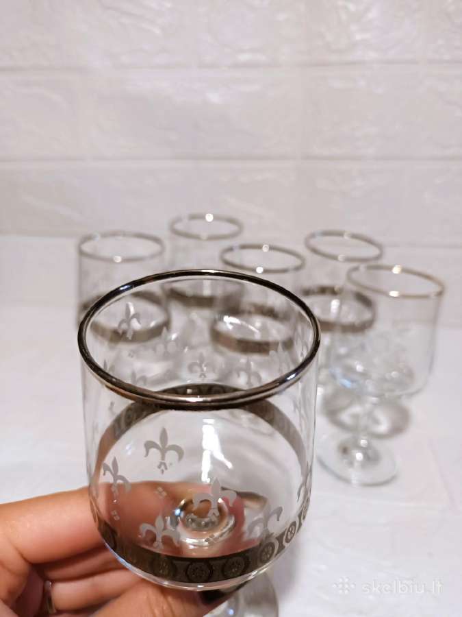 6 Vintage Taures Fleur-de-lis Glasses Silver Trim - nuotraukos Nr. 6