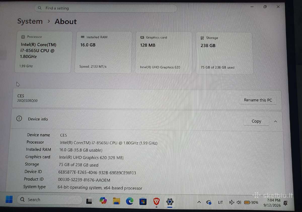 Lenovo Thinkpad X1 Carbon 7th Gen i7 16gb 256gb - nuotraukos Nr. 7