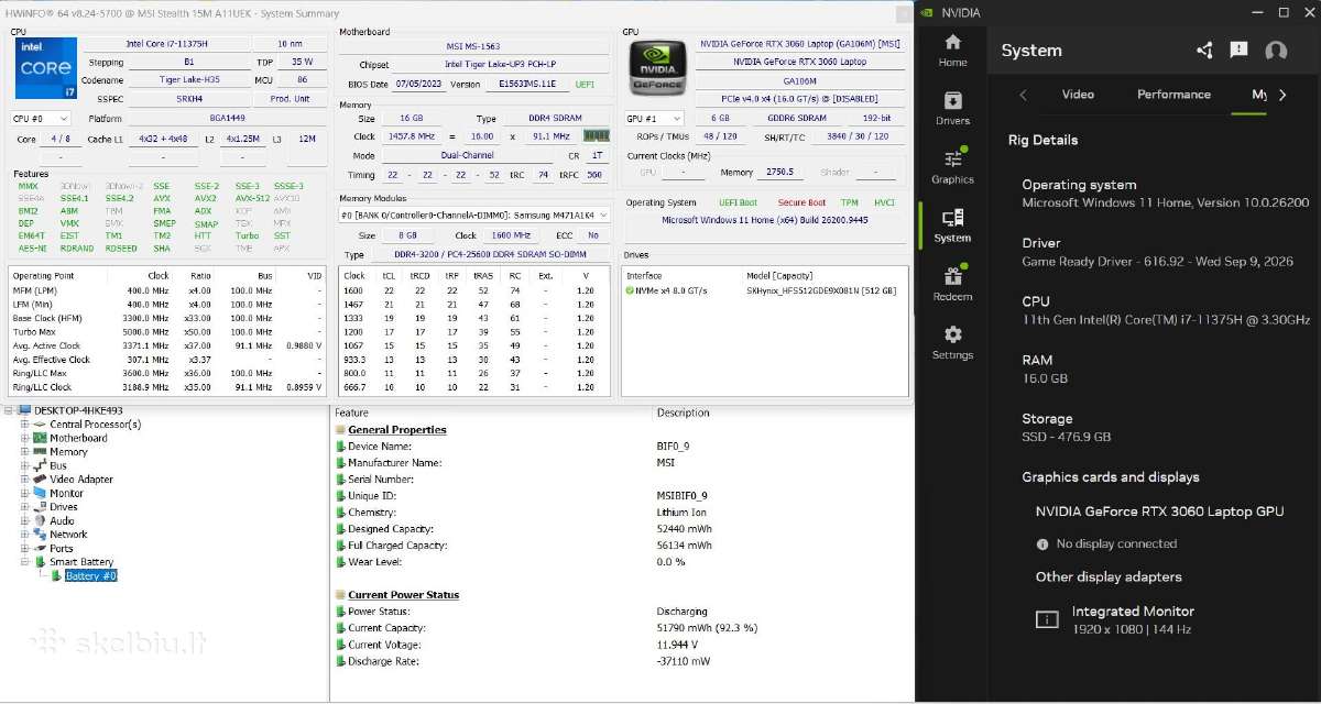 Msi Stealth 15 i7, 3060, 16gb RAM, 512gb SSD - nuotraukos Nr. 6