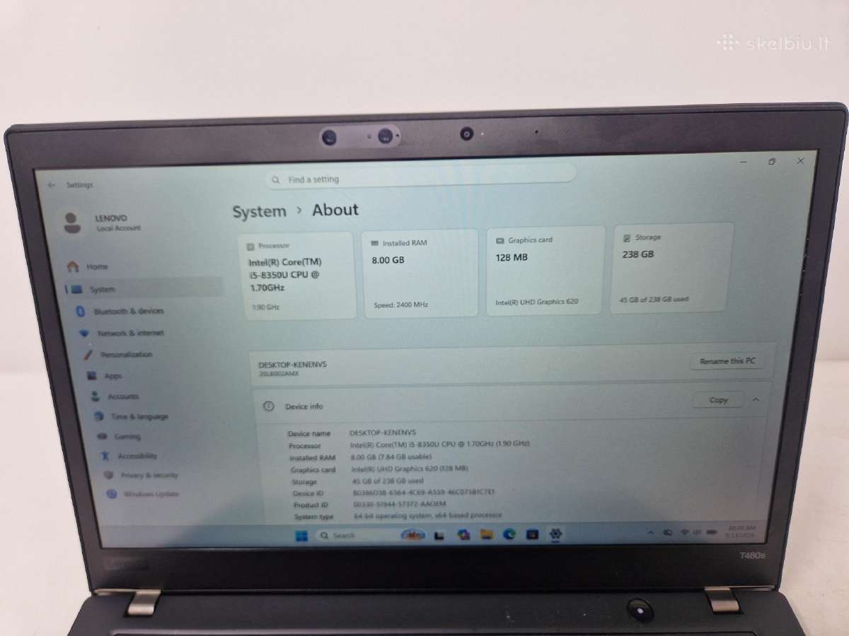 Lenovo Thinkpad T480s/i5-8350u/8gb/256ssd - nuotraukos Nr. 7