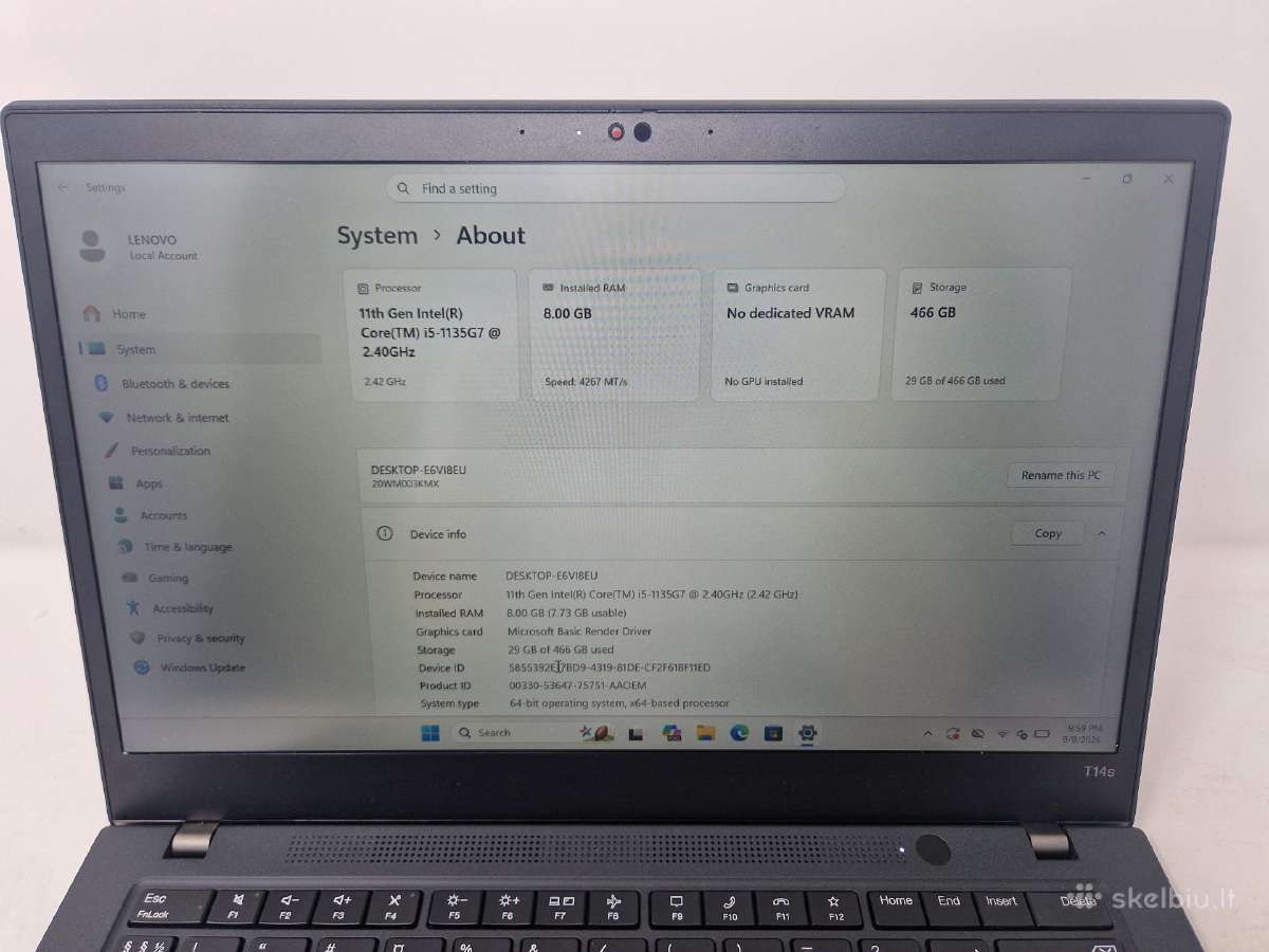 Lenovo Thinkpad T14s Gen2/ i5-1135g7 / 8gb/500ssd - nuotraukos Nr. 7