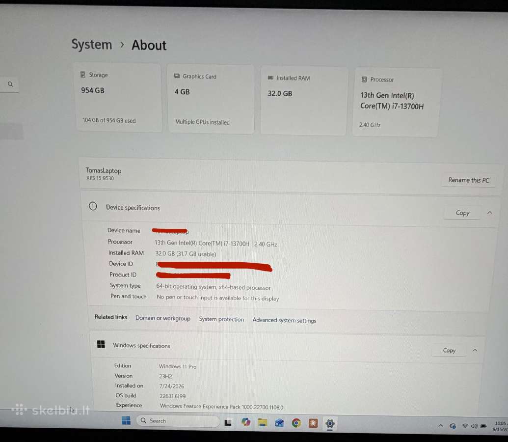 Dell Laptop Xps 15 9530 (2024), i7-13700h, 32 GB, - nuotraukos Nr. 5