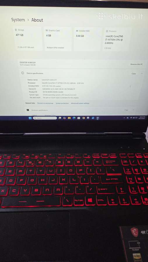 Msi Gl65 Leopard i7-10750h Gtx 1650 Ti 8 GB - nuotraukos Nr. 2